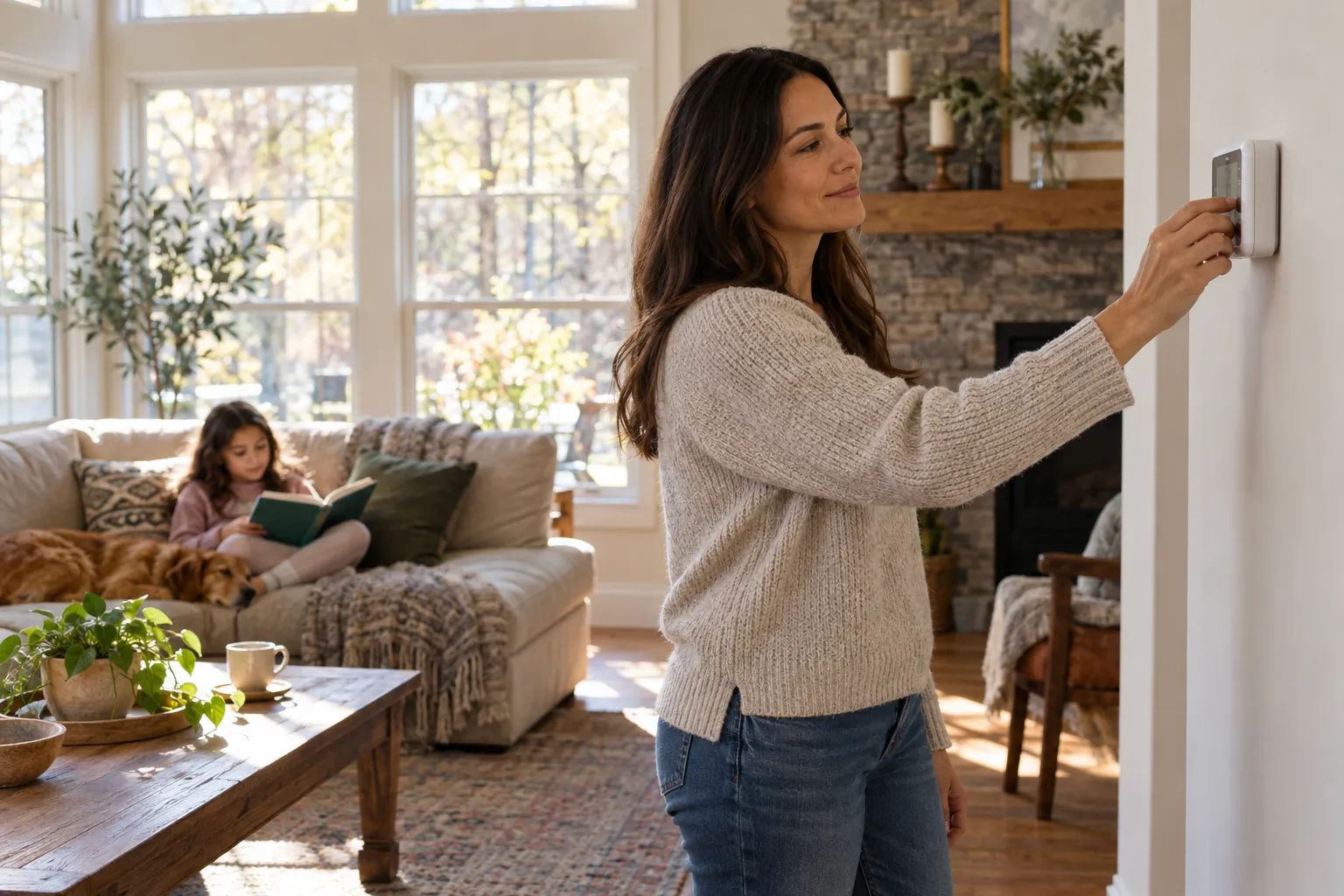A homeowner adjusting a thermostat in a comfortable living room in the Centerville area