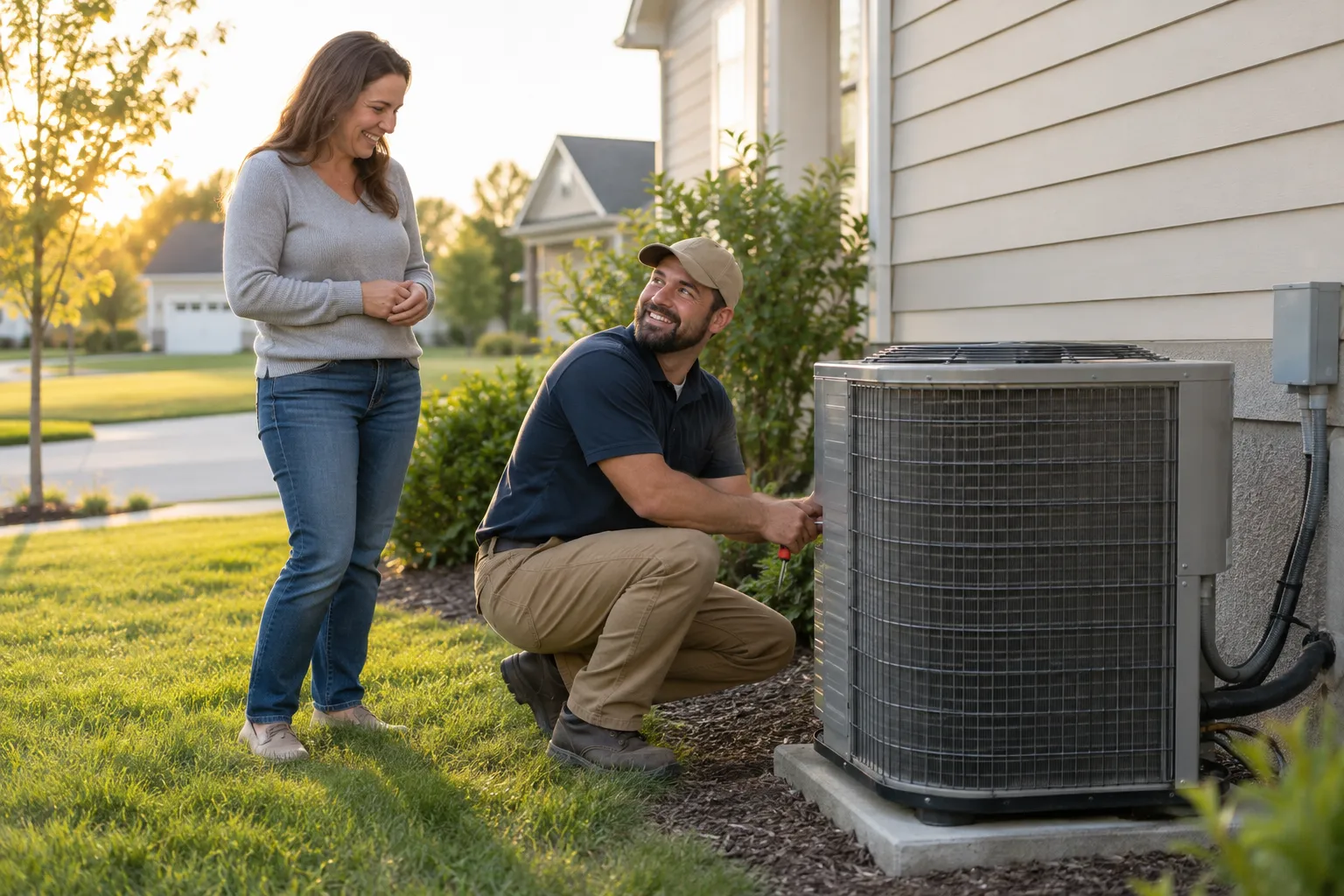 A friendly HVAC provider checking a home air conditioner outside a house in Centerville